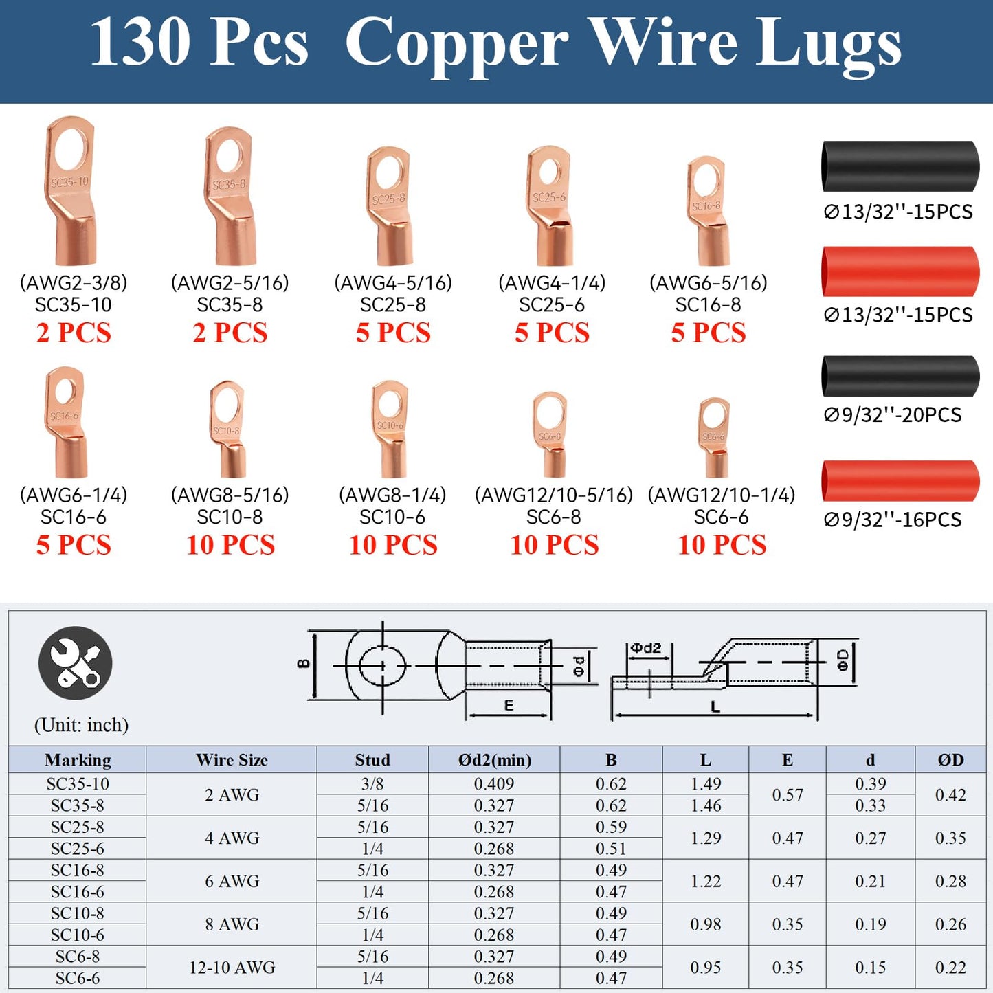 PEASUG Copper Wire Lugs 130Pcs, AWG 2 4 6 8 10 12 Gauge Battery Cable Ends with 66Pcs Heat Shrink Tubing Set, 64Pcs Ring Terminals Connectors Assortment Kit for Marine, Automotive, Cables, Appliances
