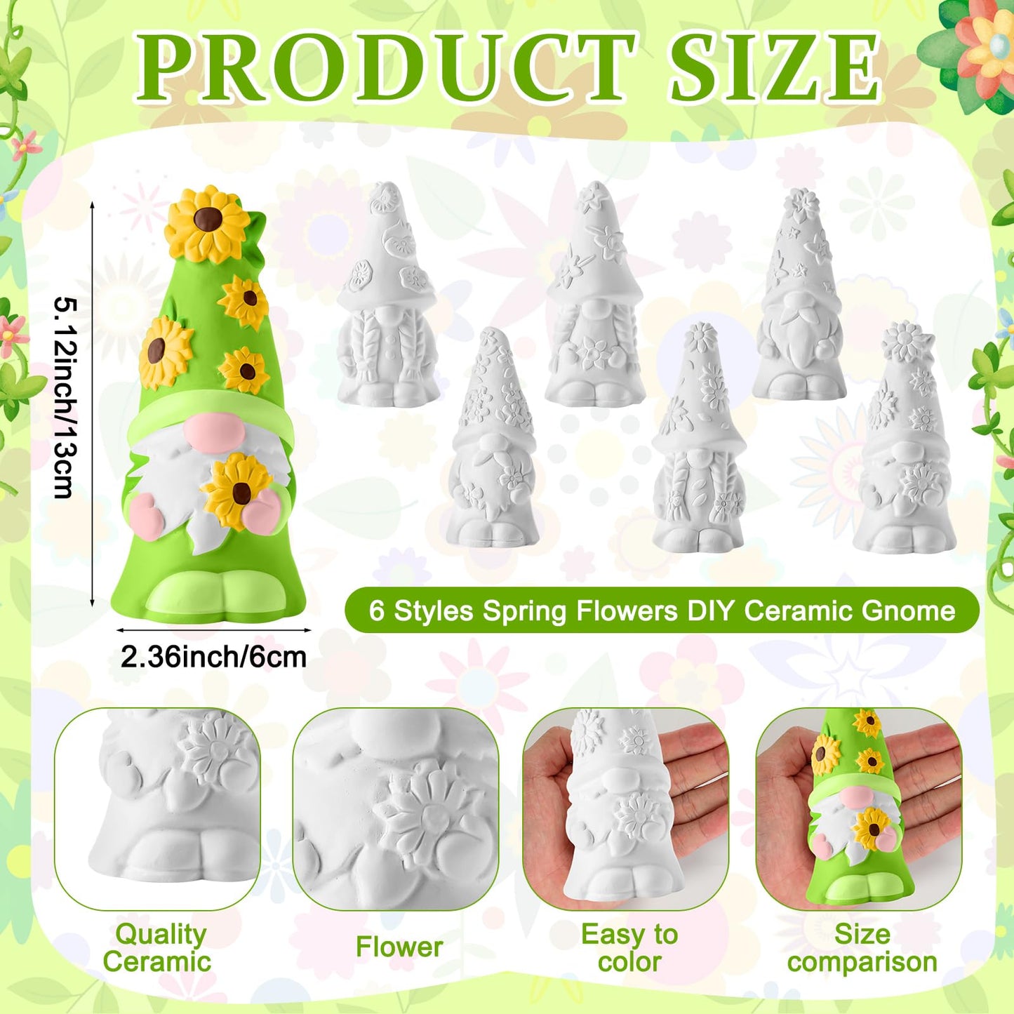 Arrowbash 6 Pcs Spring Ceramics to Paint Ready to Paint Your Own Gnome Statues 5.12 Floral Theme Paintable Figurines DIY Unpainted Sunflowers Ceramics Plaster Crafts Kit with Brush Palette Paint