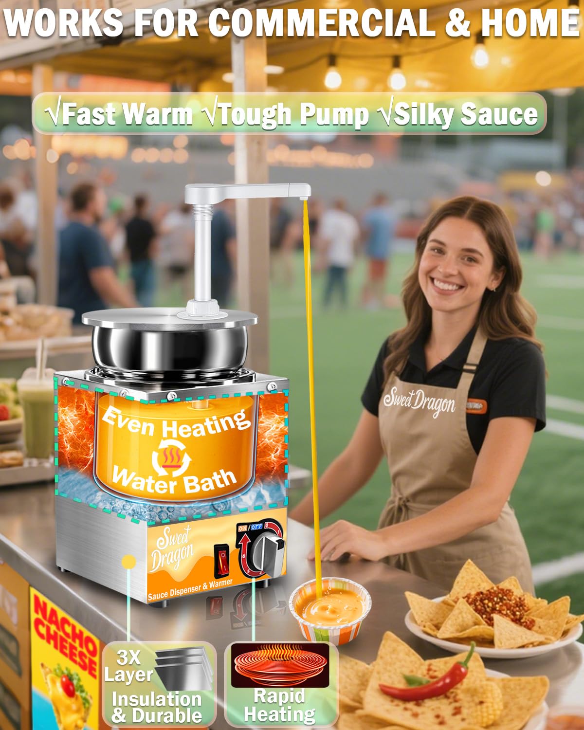 Nacho Cheese Dispenser, 4.6 Qt Nacho Cheese Dispenser with Pump, Stainless Steel Hot Fudge Cheese Warmer W/6-Level Temperature Adjustment, Commercial Sauce Dispenser for Butter Syrup Caramel
