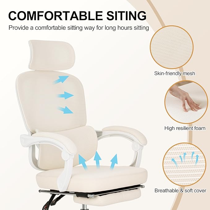 BOWTHY Mesh Ergonomic Office Chair with Footrest,90-135 Comfy Reclining Chairs,Home Office Desk Chair with Adjustable Lumbar Support & Headrest, High Back Computer Chair (Beige)