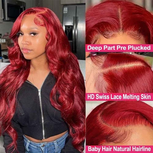 Burgundy Lace Front Wig - 180% Density, 13x4, Body Wave, Baby Hair - 24 Inch Human Hair HD Lace Wig Pre Plucked