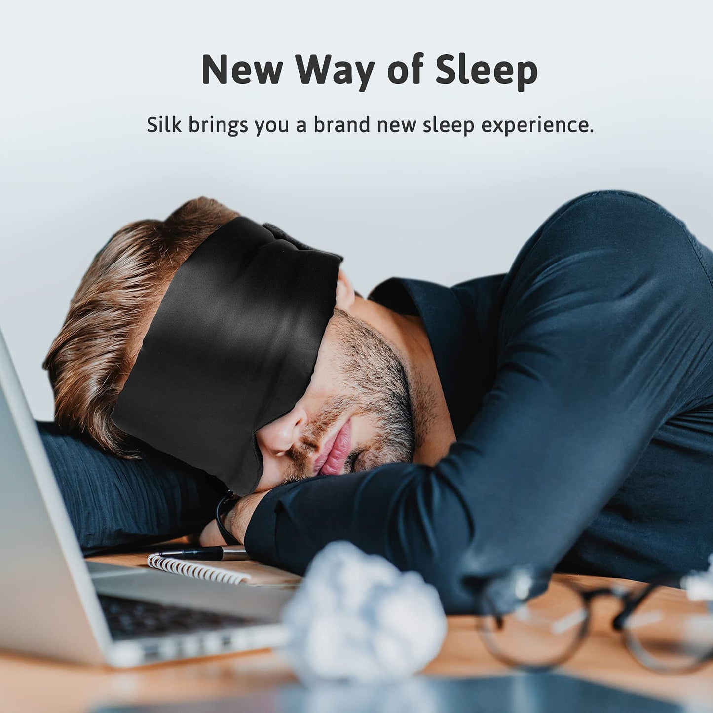 ATreebag Silk Sleep Mask for Women Men, Mulberry Silk Eye Sleeping Mask & Blindfold with Adjustable Strap, Blackout Eye Cover for Sleep Travel Yoga Nap, Large Size, Black