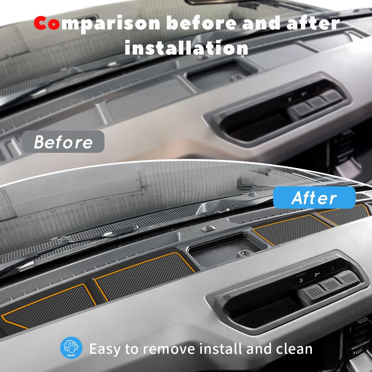 auovo Dash Cover Tray Fit for Ford Bronco Accessories 2026 2025 2021 2022 2023 2024 Anti-Slip Silicone Dashboard Compartments Mat fit Bronco 2/4-Door Interior Dash Pad Liners 2-pc Set (Orange Trim)