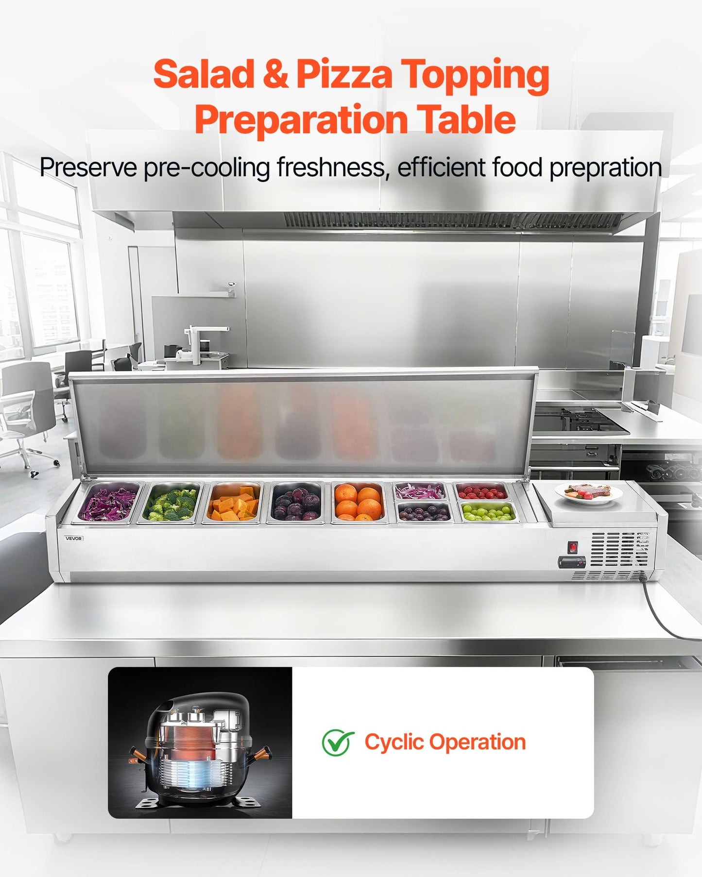 VEVOR Refrigerated Condiment Prep Station, 140 W Countertop Refrigerated Condiment Station, with Five 1/3 Pans & Four 1/6 Pans, 304 Stainless Body and PC Lid, Sandwich Prep Table with Stainless Guard