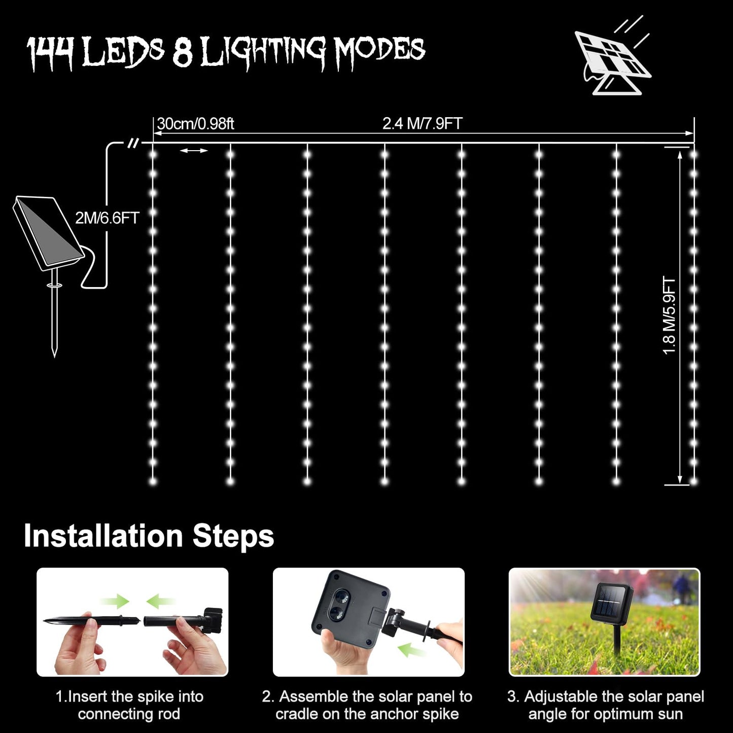 Solar Curtain Lights 7.9ft x 6ft 144 LED Outdoor Curtain Lights Waterproof with Timer 8 Modes for Christmas Garden Patio Fence Wedding Wall Window Gazebo Decor - Warm White