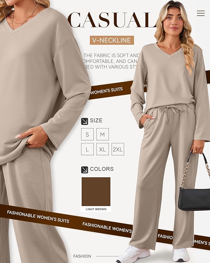 JoyMotion 2 Piece Women's Sweatsuit, V Neck Oversized Tracksuit Wide Leg Pant Fall Lounge Set Long Sleeve Sweatshirts Outfit