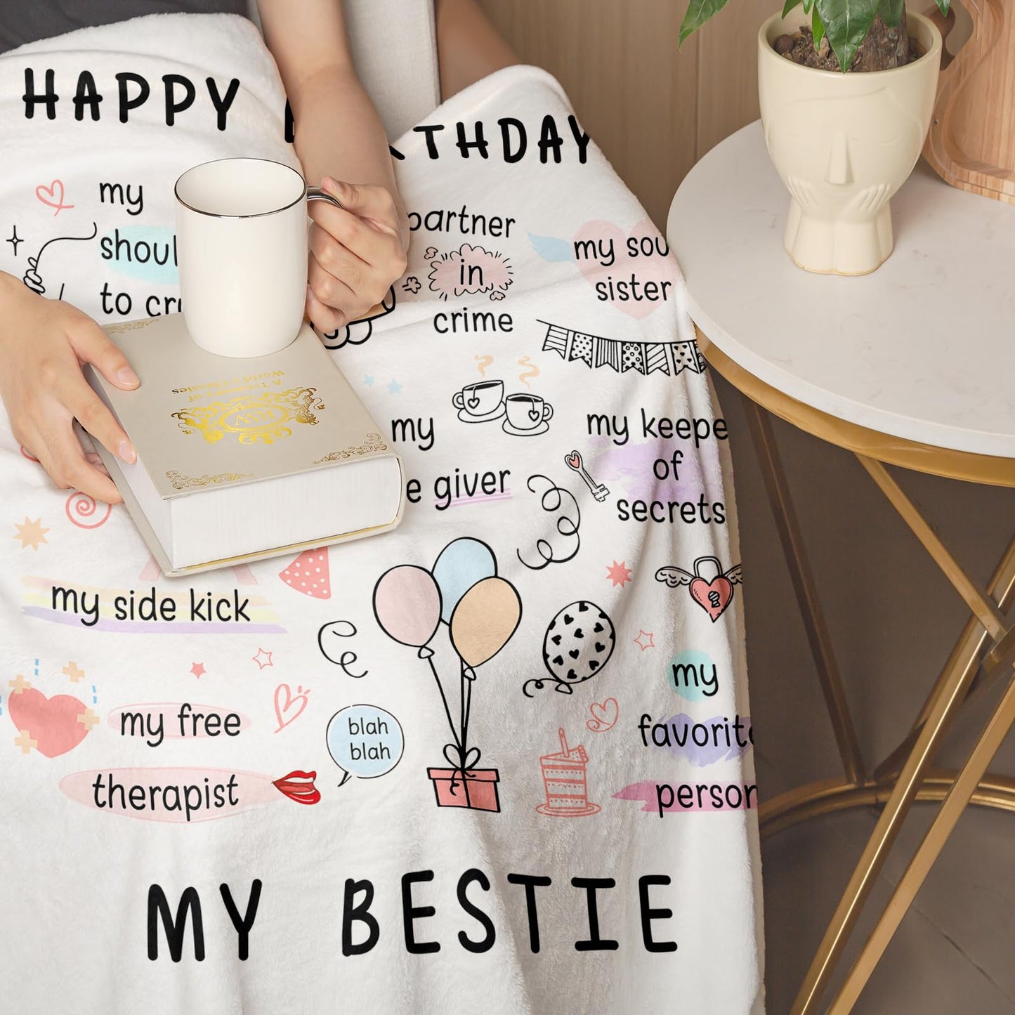 Funny Happy Birthday Gifts for Women Best Friend friendship Her Sister, Bestie Best Friend Sister Birthday Gifts for Women, Cozy White Best Friends Blanket, Bestie Throw Blanket for Couch 50*60in