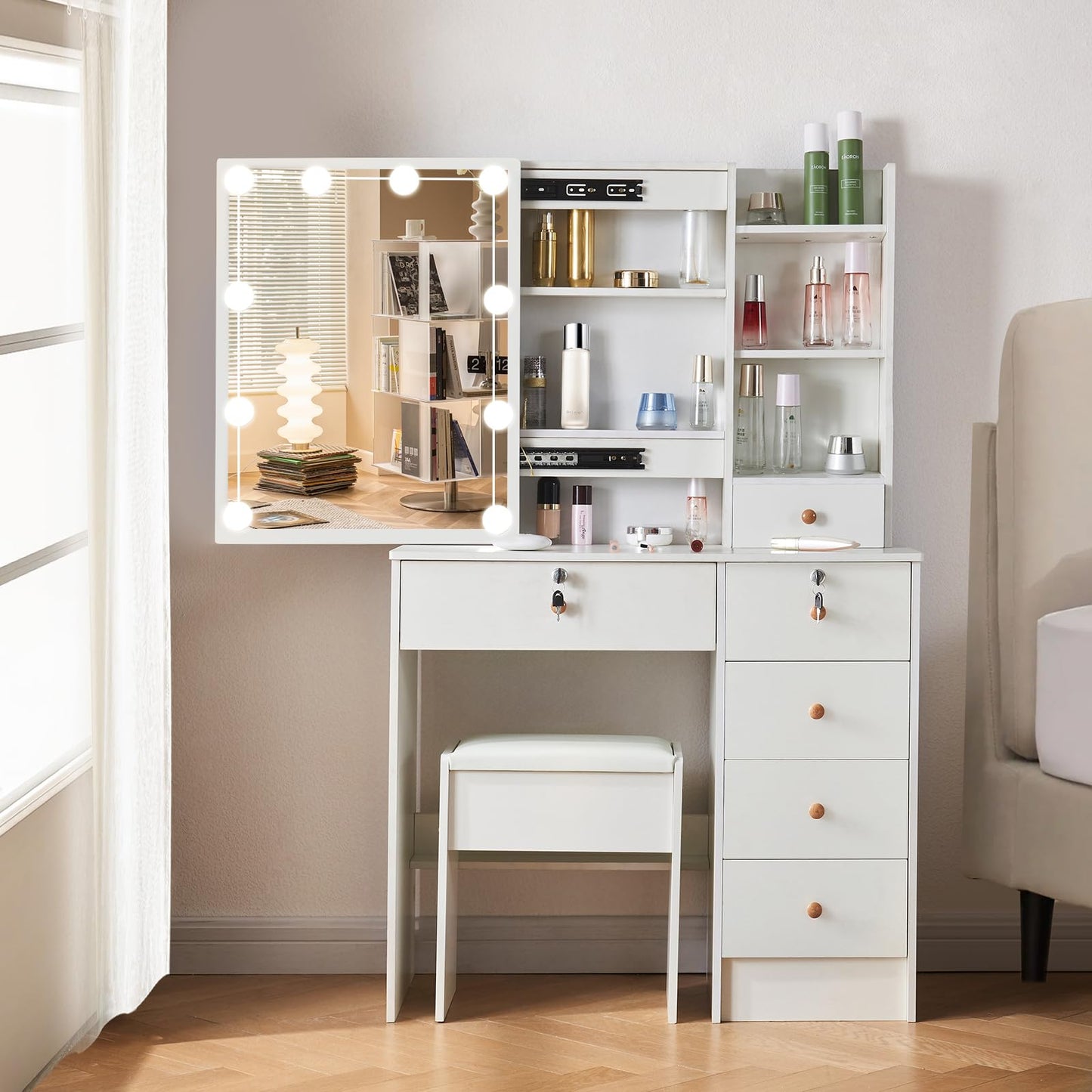 onesaimei Makeup Vanity with Mirror and Lights, Vanity Desk with 5 Drawers & Multiple Shelves, Vanity Table with Cushioned Stool for Bedroom & Makeup Room, White
