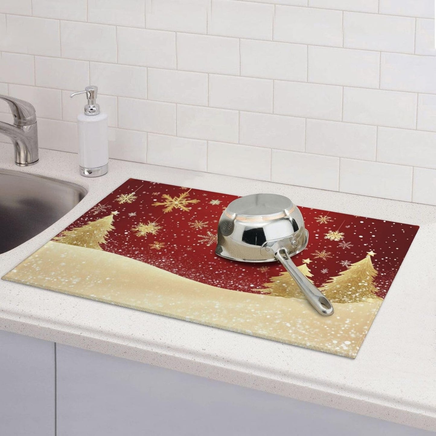 Dish Drying Mat for Kitchen Gold Christmas Tree Pattern Snowflake Counter Absorbent Dishes Drainer Microfiber Large 18x24 Inch