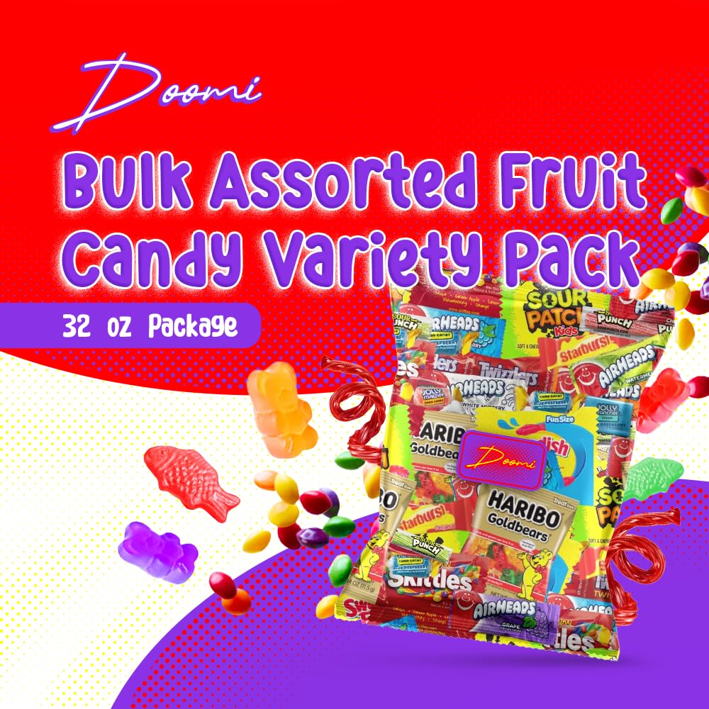 Bulk Assorted Fruit Candy - Starburst, Skittles, Fish, Air Heads, Jolly Rancher, Sour Punch, Gold-Bears Gummi Bears & Twizzlers, Candy's, Pops, Dots, (32 Oz Variety Pack) (Candies may vary)