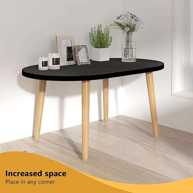Funecy Oval Coffee Table Low Table with 4 Solid Wood Sturdy Legs, Floor Table Desk for Sitting on The Floor, Storage and Living Room Furniture (Black)