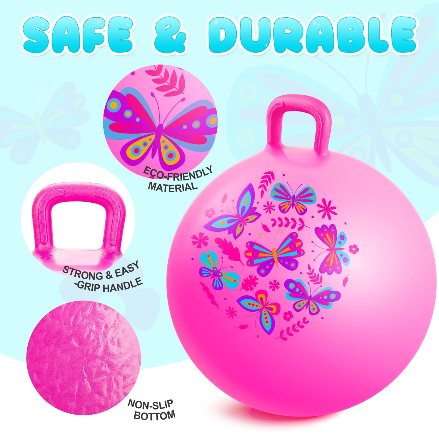 PlayZap Hopper Ball for Kids 3-8,18 Inch Pink Bouncy Ball with Handle, Inflatable Hippity Hop Bounce Hopping Toys Indoor Outdoor for Boys Girls Gifts, Butterfly