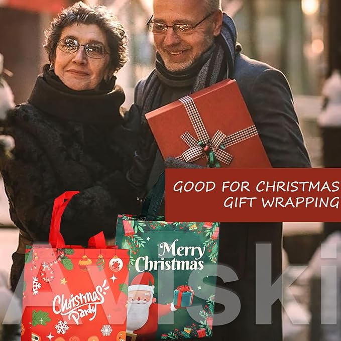 4PCS Christmas Gift Bags, Multifunctional Treat Non woven Christmas Bags with Handles for Gifts Wrapping Shopping, Xmas Party Supplies