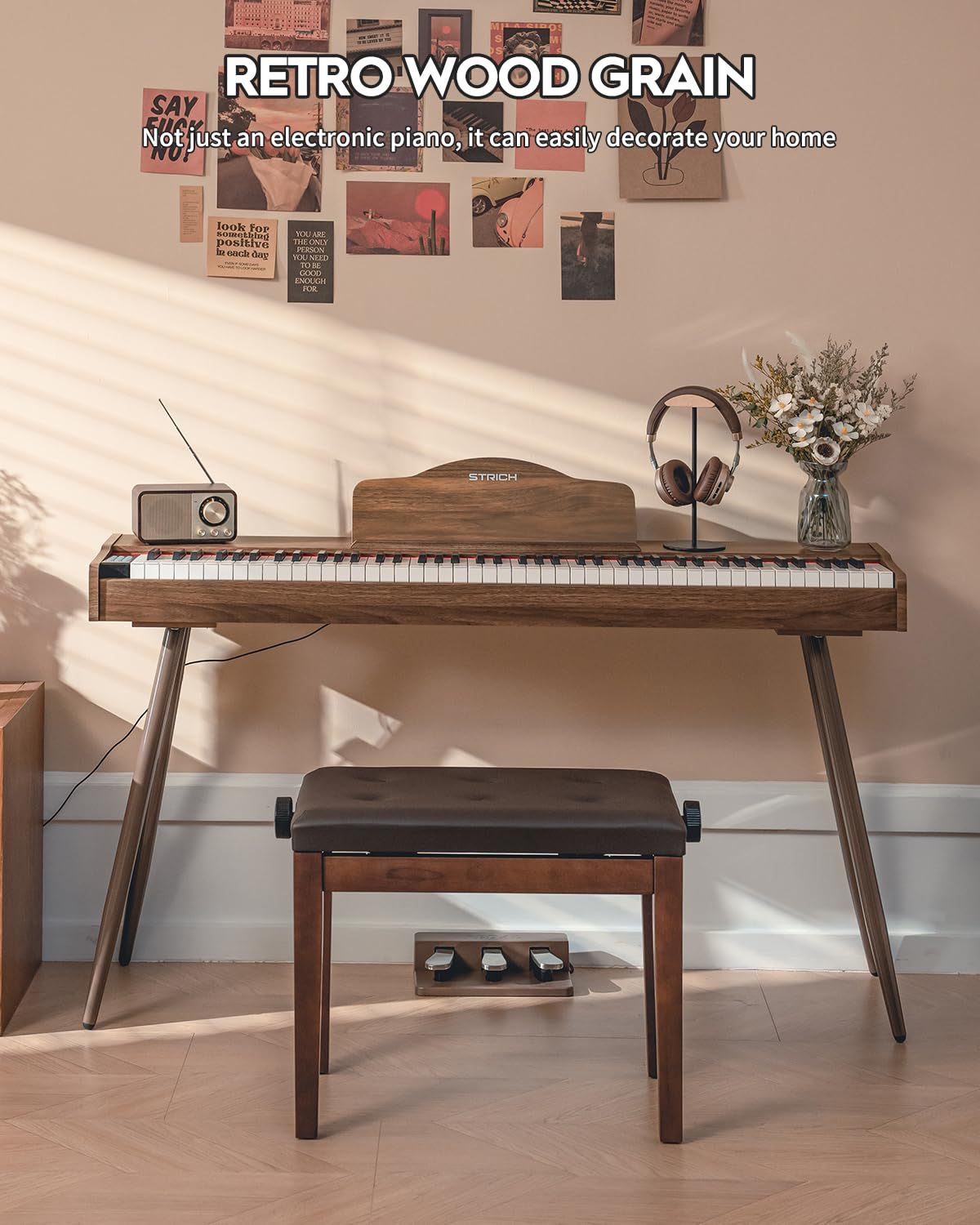 STRICH Digital Piano 88 Keys, Hammer-Action Weighted Keyboard, Full size Electric Piano Keyboard with Stand, 25Wx2 Speakers, Supports USB-MIDI/Wireless Connecting SDP-300S (Color Walnut Wood)