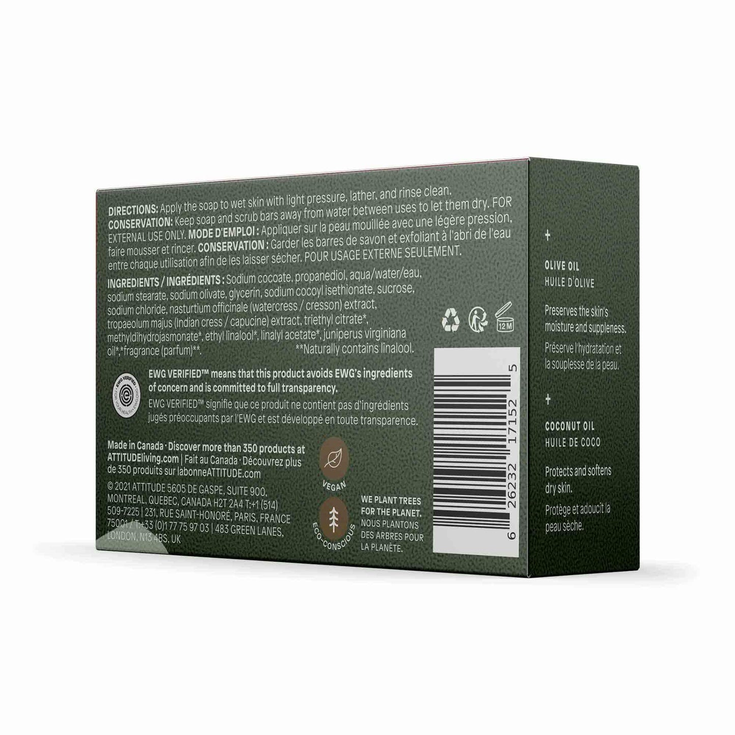 ATTITUDE Body Soap Bar, Natural Origin, Protects and Softens Dry Skin, Coconut & Olive Oils, For men and Women, EWG Verified & V