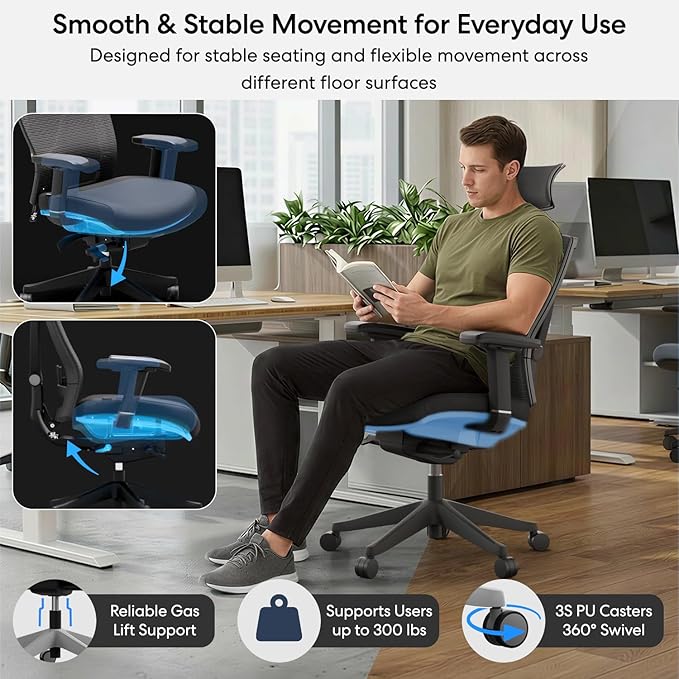 Autonomous ErgoChair Pro Ergonomic Office Chair Foam Grey Adjustable Lumbar Support, Rolling Swivel - Home Office Desk Chairs with Wheels and Arms - Ergonomic Desk Chair Comfy for Gaming & Long Hours