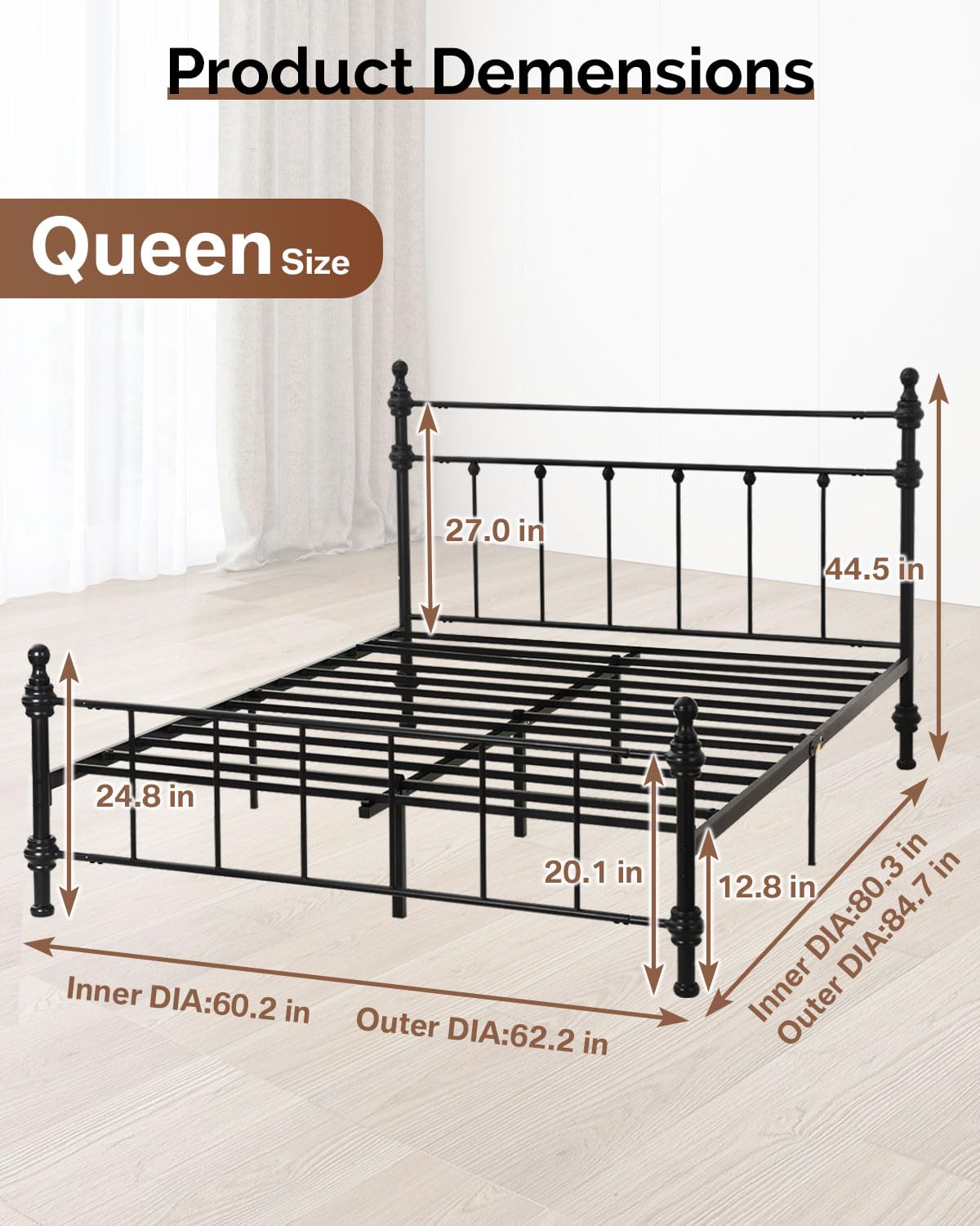 Queen Size Bed Frame, Metal Platform Bed with Straight Headboard, Retro Luxury Roman Column, Easy Set up, No Box Spring Needed, Storage Space Under-Bed(Queen)