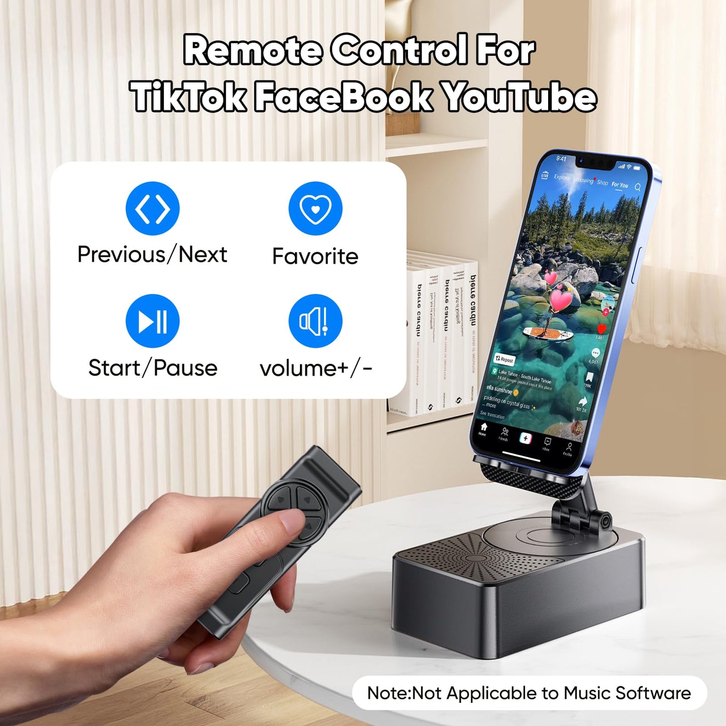 Gankoii Phone Stand With Speaker With Bluetooth 5.3,Phone Stand With Remote Control & Adjustable Height/Angle,Non-Slip Silicone
