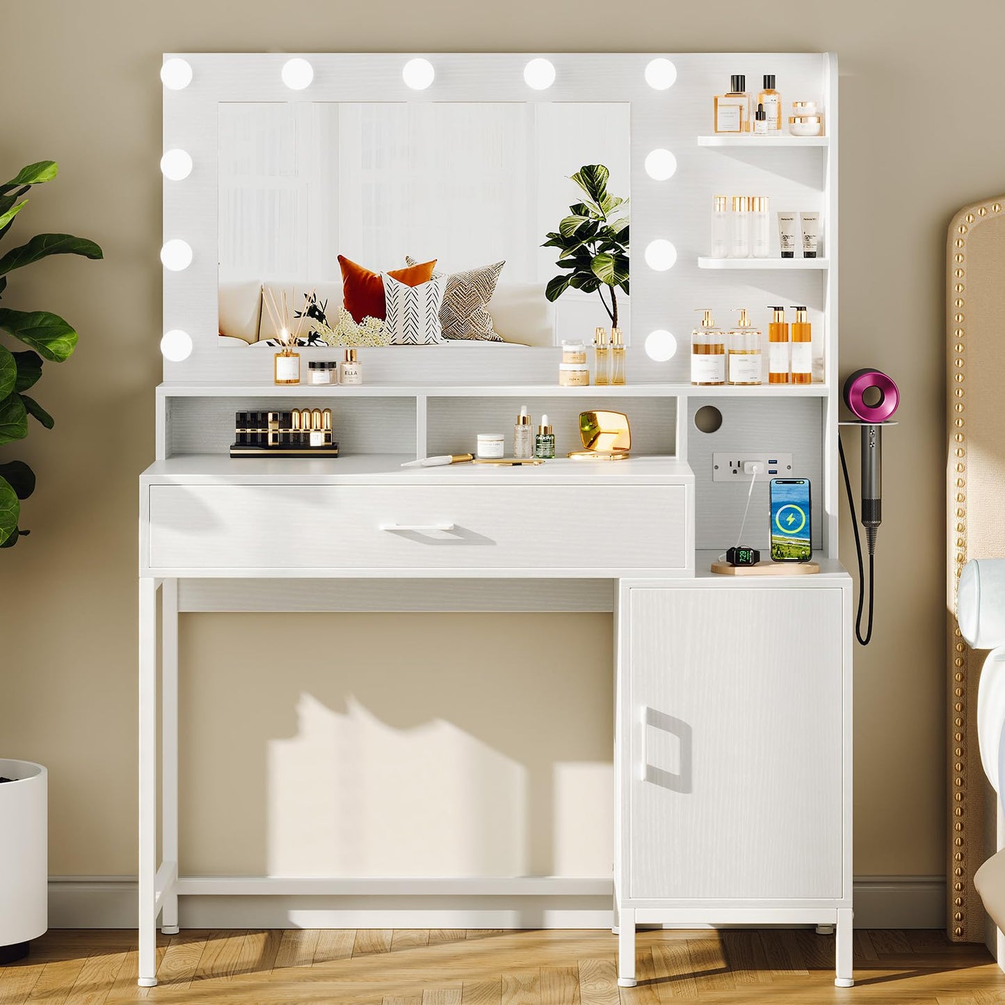 Driftalia Vanity Desk with Mirror and Lights, Makeup Vanity with Storage Drawer, Power Outlet and Large Cabinet for Bedroom - White