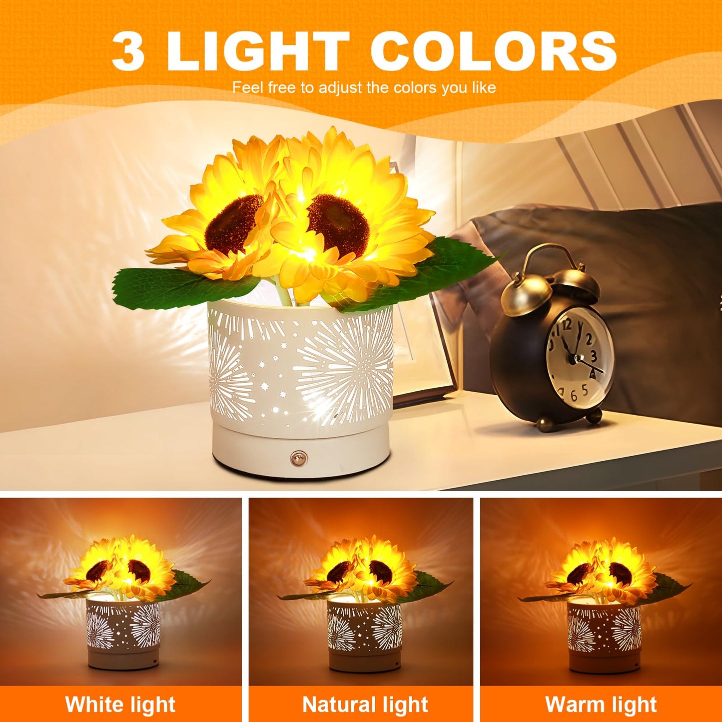 AMWGIMI Birthday Gifts for Women,Sunflower Flower Cordless LED Touch Table Lamp,3-Colour Infinitely Dimming Rechargeable Small Night Light for Festival,Restaurant,Bedroom,Office Decor Gifts for Mom