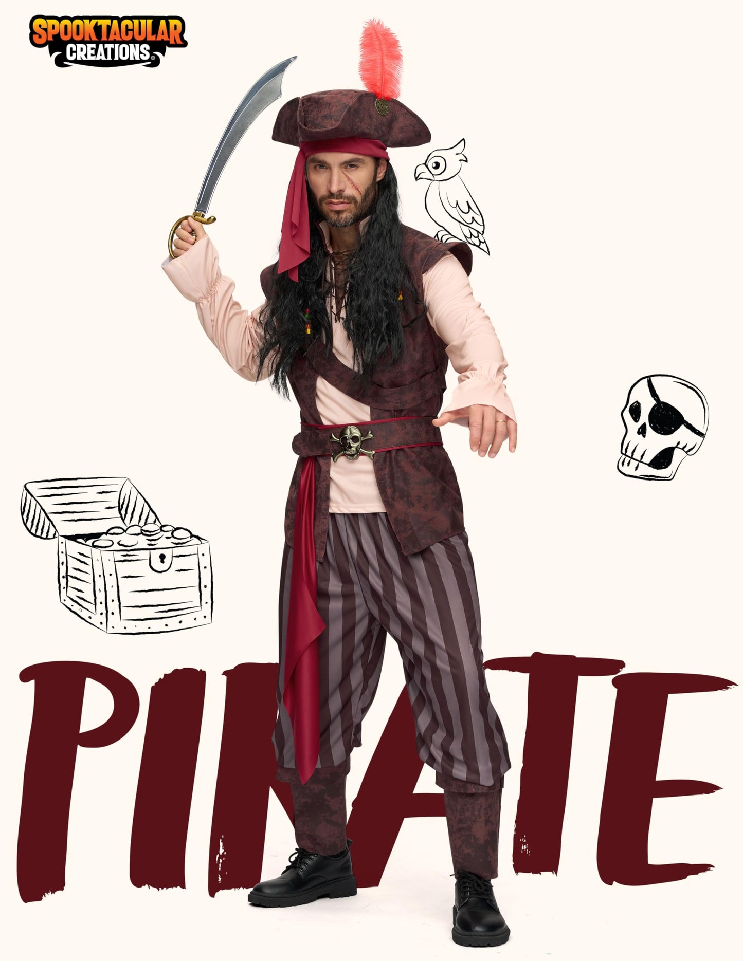 Spooktacular Creations Mens Caribbean Pirate Costume Adult Sea Captain Robber Costume for Halloween Dress Up Party, Cosplay Party-L