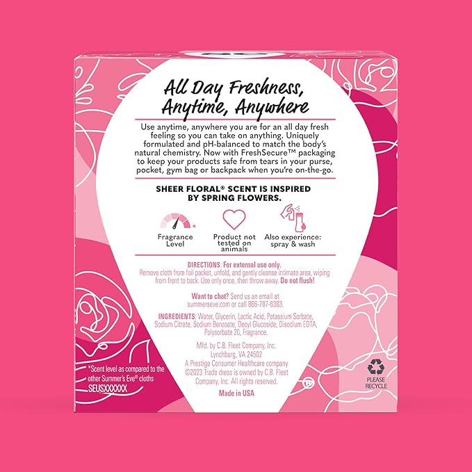 Summer's Eve Sheer Floral Daily Refreshing Feminine Wipes, Removes Odor, pH Balanced, 12 Count, 5 Pack