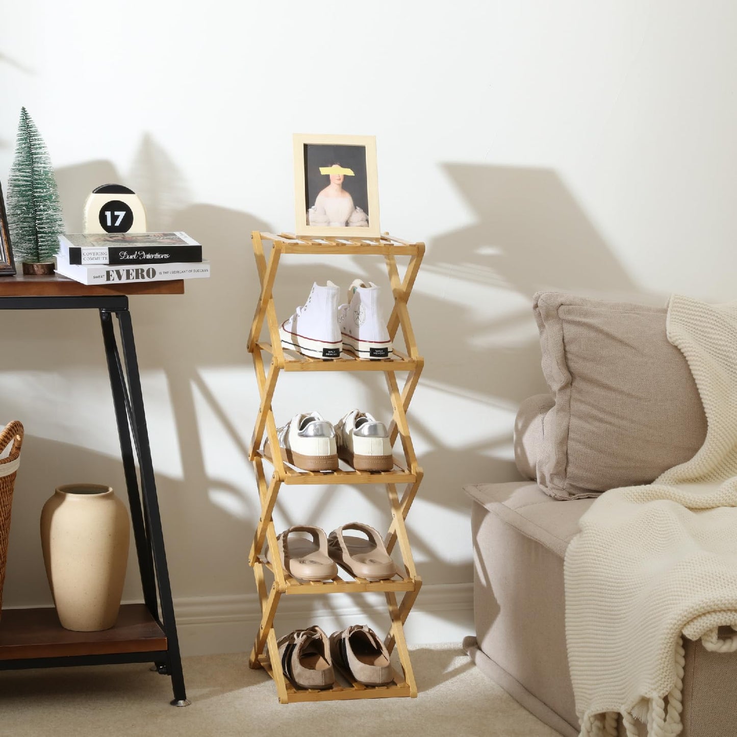 Foldable Shoe Rack - Multi-Tier Bamboo Shoe Rack for Entryway, Living Room, Kitchen, Closet - Space Saving Organizer for Shoes, Books, Cookware - Sturdy & Eco-Friendly Design, Easy Assembly(5 Layers)