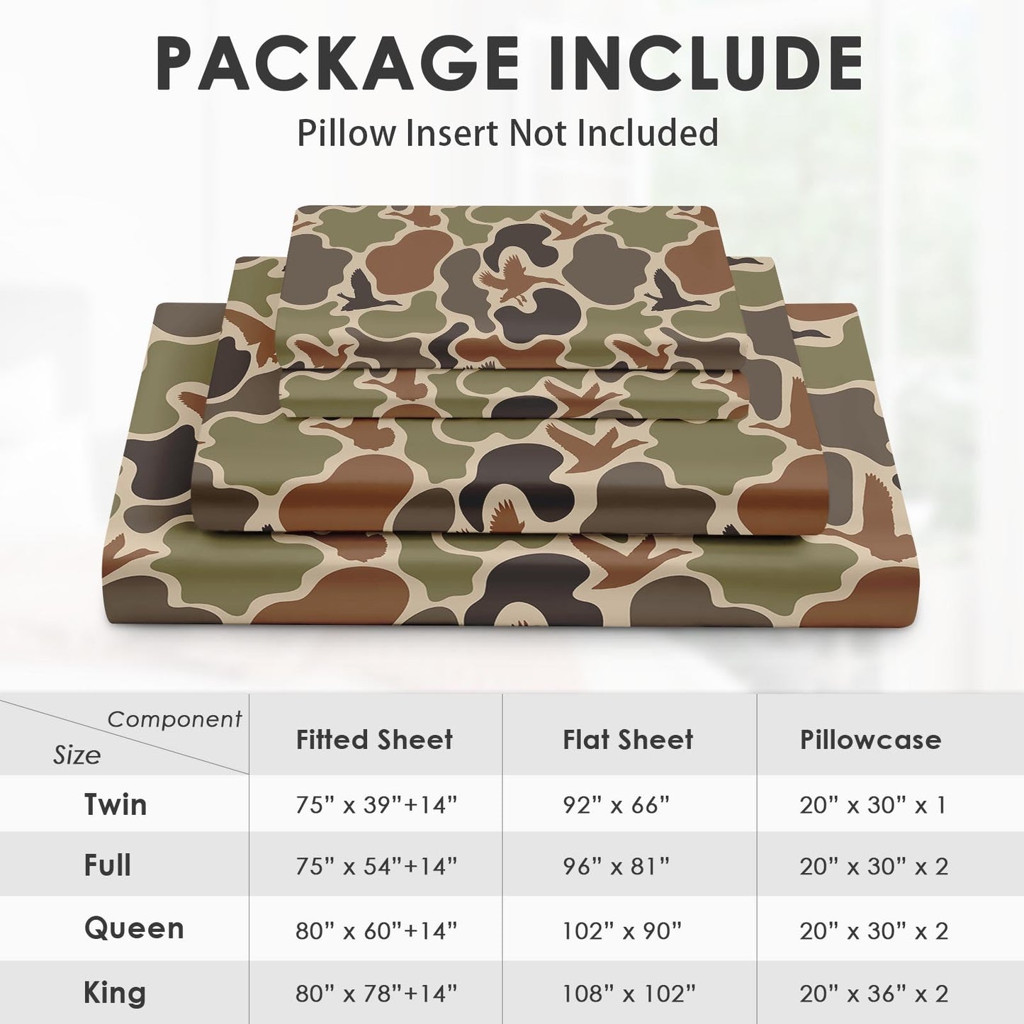 Zzzboro 4 Pcs Fitted Sheet Set Queen Size,Camouflage Hunting Duck Hunter Birds, Bed Decor Camo Army Green Military Woodland Bedroom Sets Pillowcase Bedsheet Bedding Flat Sheet for Kids and Adults