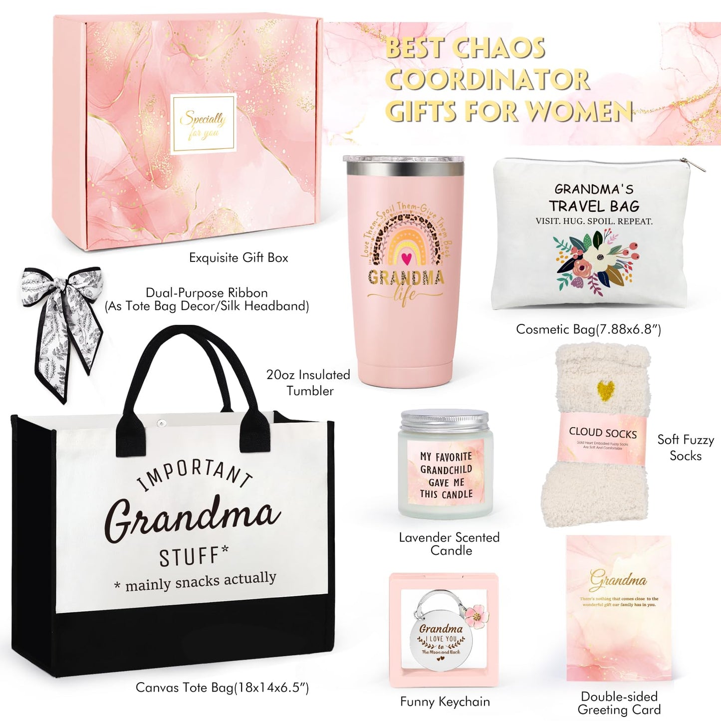 Suhctuptx Grandma Gifts, Christmas Birthday Gifts for Grandma, Best Funny Mothers Day Ideas Gift for Gigi Grandparent Nana Basket Set from Granddaughter Grandson with Canvas Tote Bag Pink