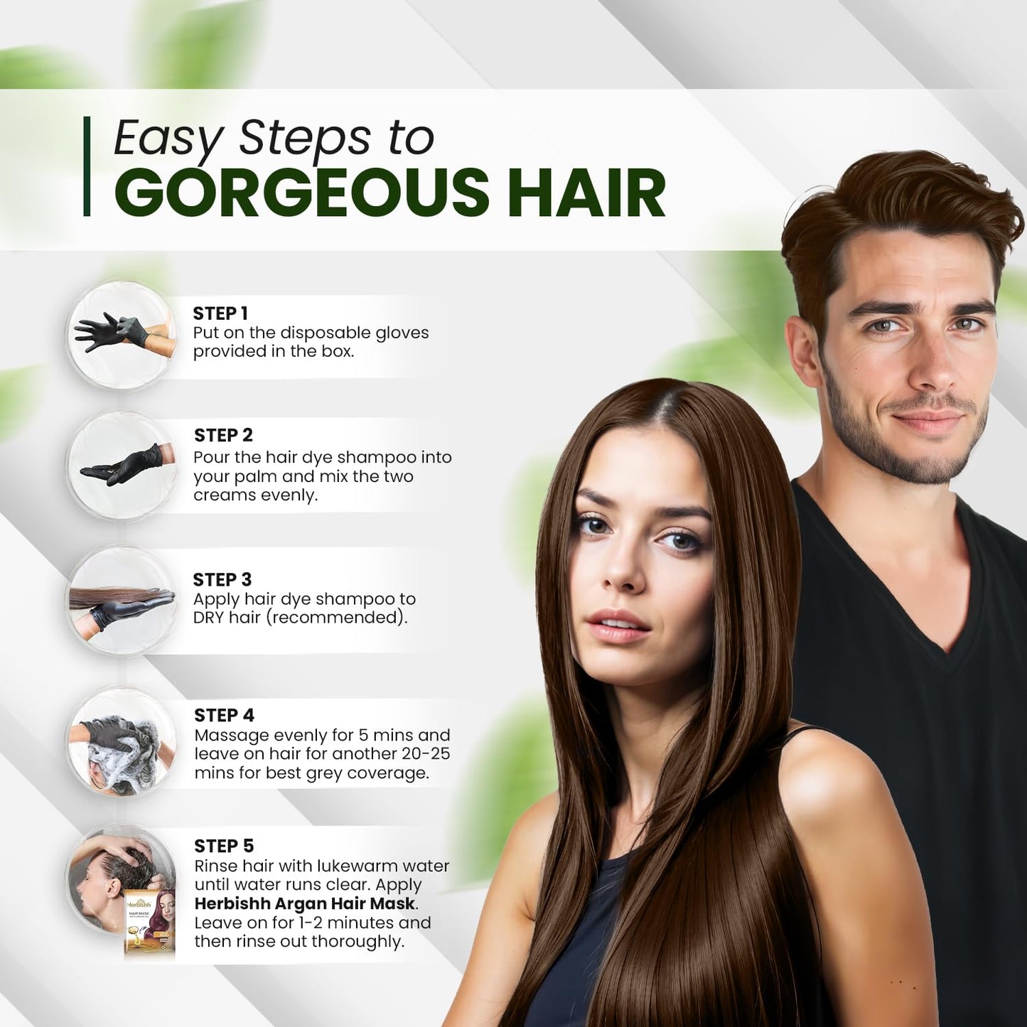 Herbishh Chestnut Brown Shampoo, Hair Dye Shampoo 3 in 1, 100% Grey Coverage, Demi-Permanent Hair Color for Men & Women, Long-la