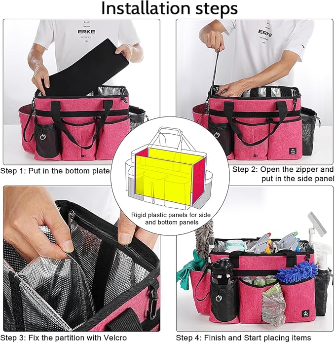 Large Cleaning Caddy Bags Pink with Sturdy Support Board, Cleaning Organizer with Detachable Dividers, Cleaning Supply Tote with Adjustable Shoulder Strap & Waist Belt for Cleaners Housekeepers