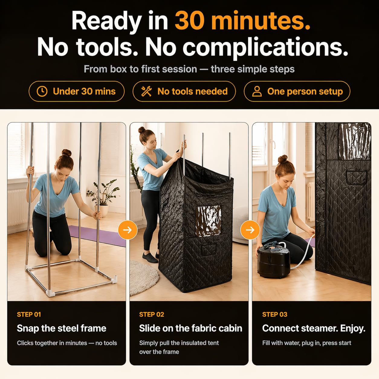 Portable Steam Sauna Box for Home, 1500W Full Body Personal Sauna Tent + Chair, Foldable, XL 71" (Fits 6'2"), 9 Heat Levels, Steam Sauna for Weight Loss, Muscle Recovery, Skin Health & Detox – BioGlow