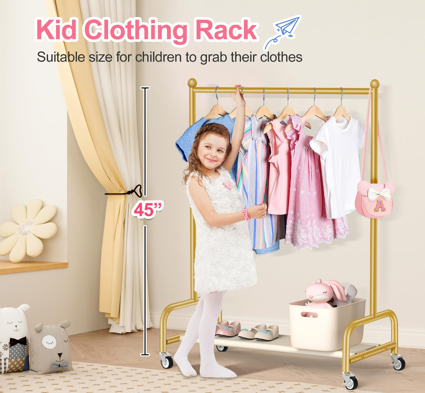 SLEEPING LAMB Kids Dress Up Rack with Wheels, Metal Small Kids Clothing Rack for Hanging Clothes with Bottom Shelf, Baby Dress Up Storage Wardrobe for Little Girls,Toddler, Gold