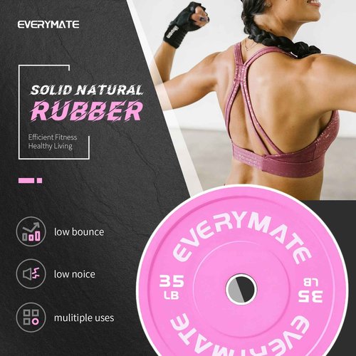 EVERYMATE Pink 35LB Olympic Bumper Plates - Grip Weight Plates for Strength Training & Crossfit - Steel Inserts - Fit 2" Barbells - Virgin Rubber Weights