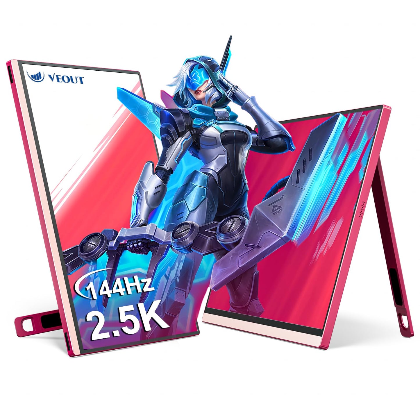 Veout Pink Portable 2.5K Gaming Monitor - V1 Pro, Support 60/120/144Hz IPS FHD External Display with FreeSync HDR, Dual USB-C &
