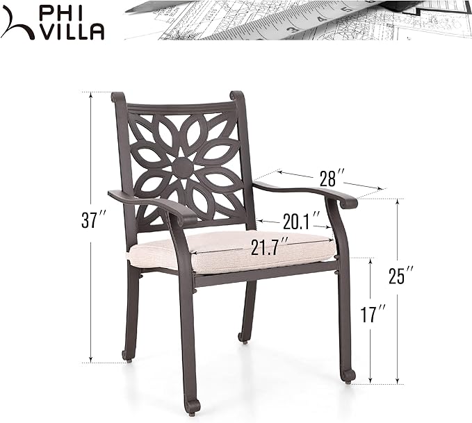 PHI VILLA Cast Aluminum Outdoor Patio Dining Chairs, Extra Wide Armrest Stable Chairs with Seat Cushion, Casting Aluminum Back for All Weather, Set of 4