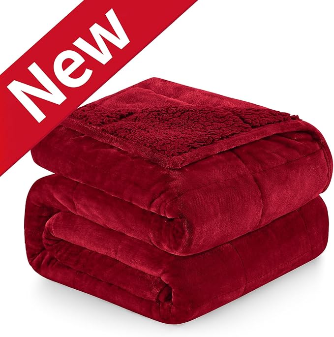 Cottonblue Sherpa Weighted Blanket for Adults 15 lbs Queen Twin Size 60x80 inches, Fuzzy Fleece Weighted Throw Blankets Cozy for Sleeping, Calming and Relax, Soft Heavy Blankets for Bed Sofa, Burgundy