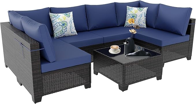 Ophelian 7 Pieces Outdoor Conversation Sectional Rattan Sofa, Patio Furniture Set, with Wicker and Cushions for Garden and Backyard, (Brown/Deep Blue)