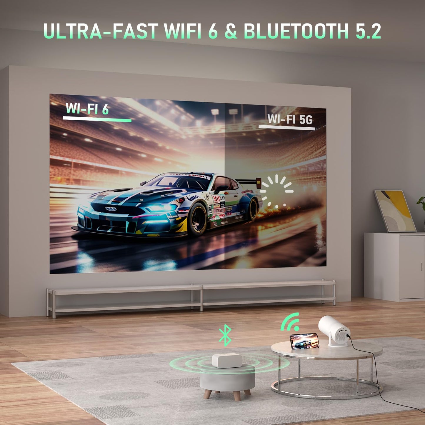【Bone white Projector & Built-in Apps】XuanPad Mini Projector with Wi-Fi and Bluetooth, Full HD 1080P Smart Portable Projector with 210° Stand, Auto Vertical Keystone, Compatible with HDMI/USB/TV Stick