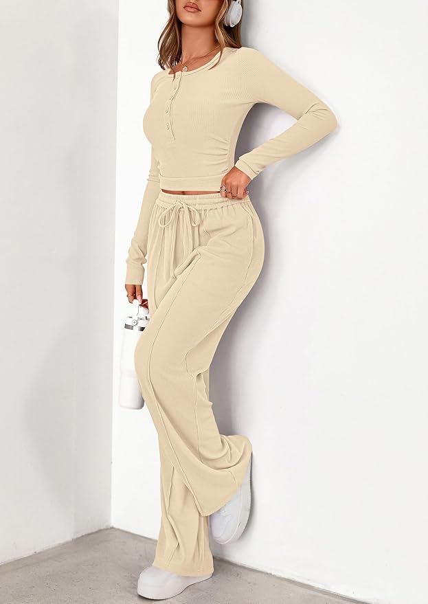 PRETTYGARDEN Women's 2026 Fall Trendy 2 Piece Outfits Lounge Sets Long Sleeve Top Henley Shirts Wide Leg Pants Travel Clothes