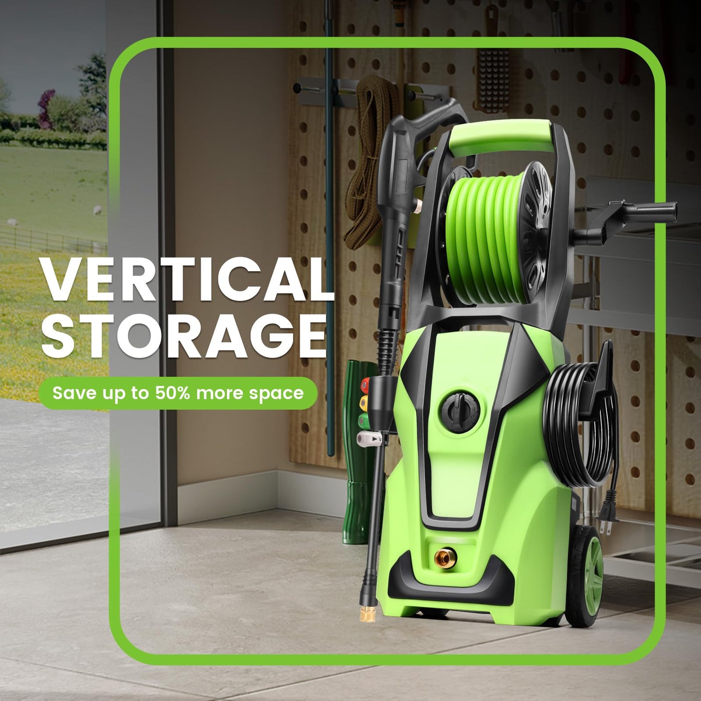 Electric Pressure Washer Adjustable 5000PSI 4.0 GPM High Power Washers with 33ft Hose Reel, 4 Nozzle and Foam Cannon, Power Washers Machine for Home, Cars, Patio (Green)