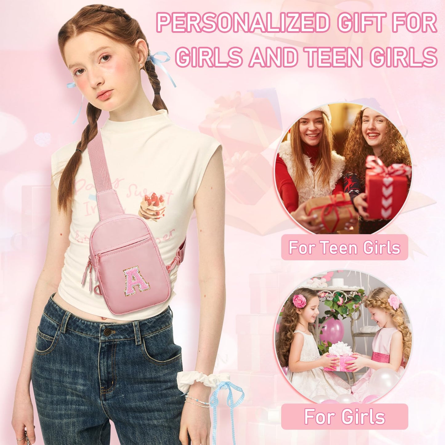 KKXIU Gifts for 6 7 8 9 10 11 12 Year Old Girls Initial Sling Bag Trendy Crossbody Fanny Pack for Teens (A, Pink)