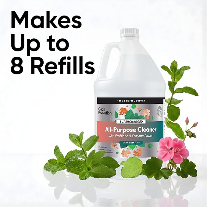 Clean Revolution SuperCharged All Purpose Cleaner, Refill Supply, Non-Toxic, Eco-Friendly & Plant-Based, Ready to Use, Geranium Mint, 128 Fl Oz