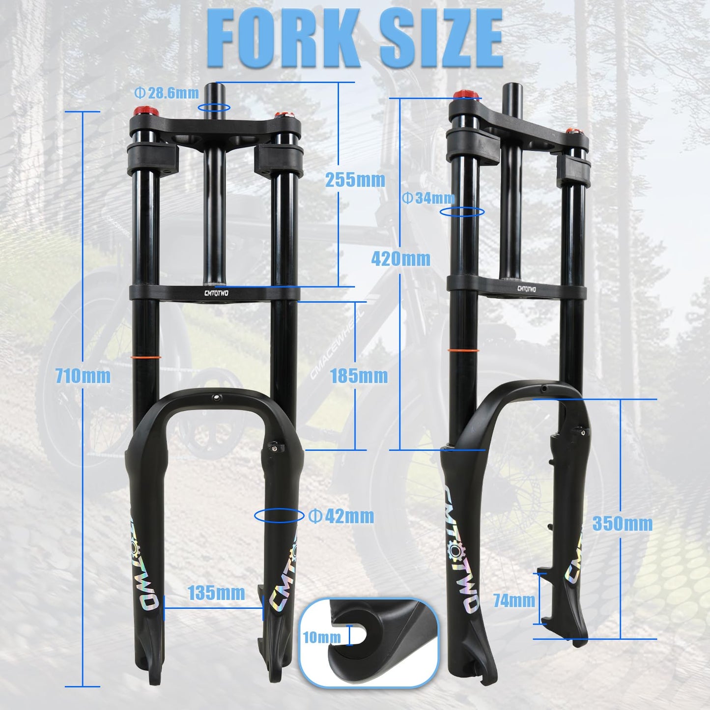 CMTOTWO 20x4.0 Fat Tire E-Bike Air Suspension Fork: for 20 x 4.0 Fat Tire Bike, 185mm Travel, 135mm Hub Spacing, 9mm QR - Double Shoulder Air Shock Absorption Design for MTB Snow Beach Fat Tire Ebike