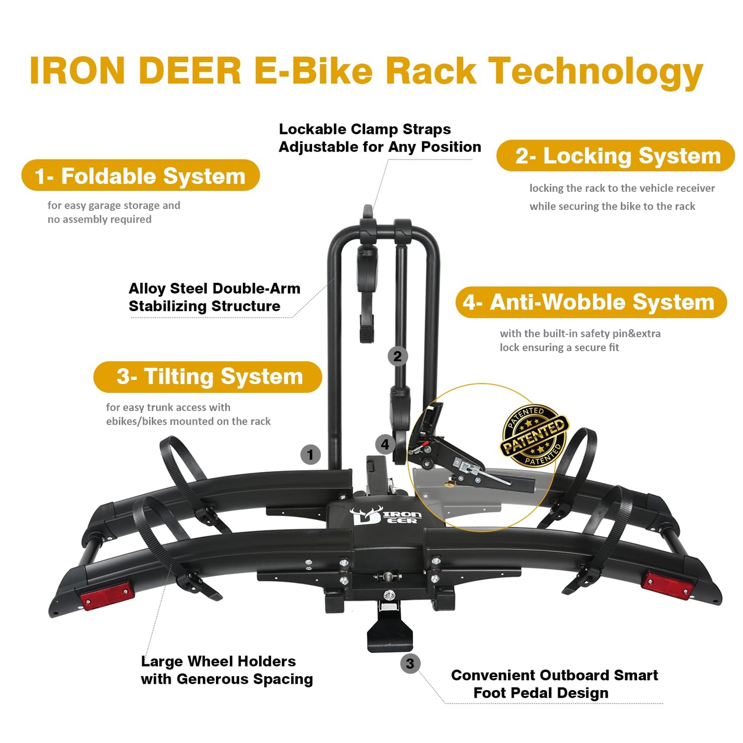 Iron Pro 200lbs EBike Rack with Ramp for 2 E-Bikes, Hitch Bike Rack for Cars SUVs Trucks, Foldable Tilting Bike Rack Platform for Tow Hitch with 2" Receiver, E-Bike Carrier Fits up to 5" Fat Tire