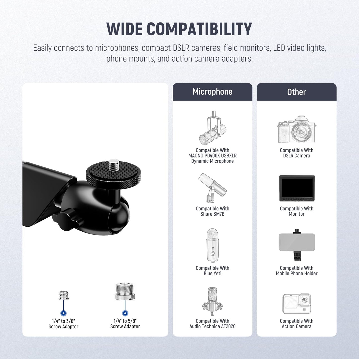 Neewer Microphone Stand, Low Profile Damped Mic Holder Boom Arm Desk Mount With Ball Head & 3/8 5/8 Adapters Compatible With Blu