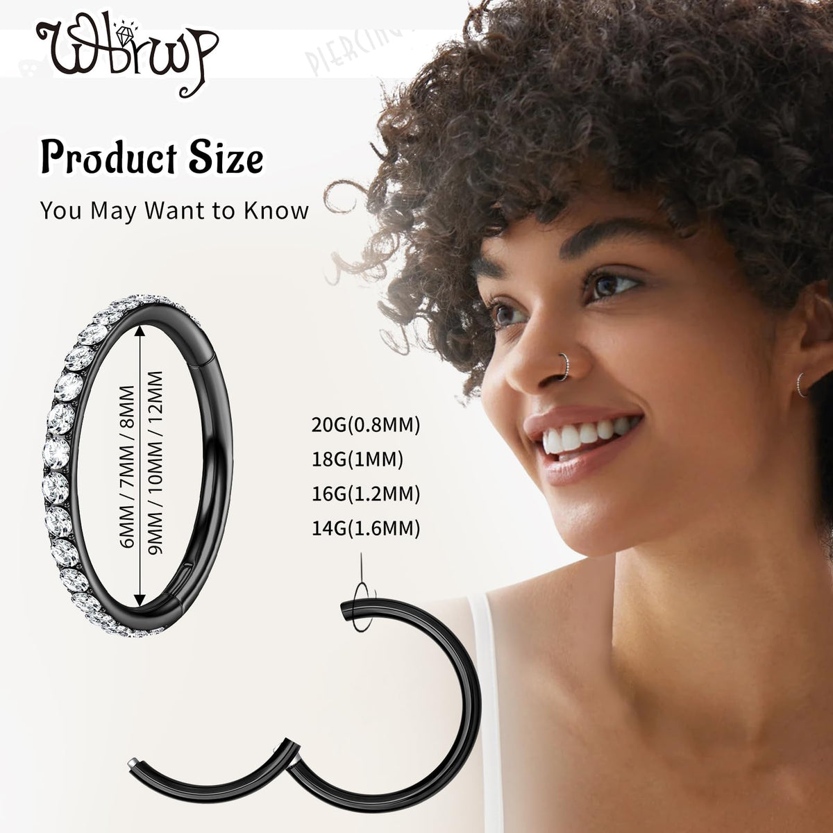 WBRWP 316L Stainless-Steel Hinged Nose-Rings-Hoop : 18G(1.0mm) Womens and Mens Pierecing Ring with Zircon Segment Ring Lip Rings