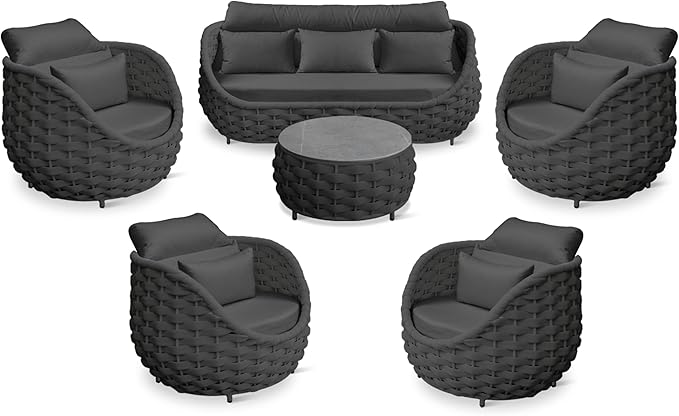 Erotr Aluminum Rope Patio Furniture Set: 6 Pieces Assembled Outdoor Conversation Sofa Set for 7 - Modern Metal Couch Set Cushioned - All Weather Porch Seating for Deck Garden Lanai Hotel, Dark Gray