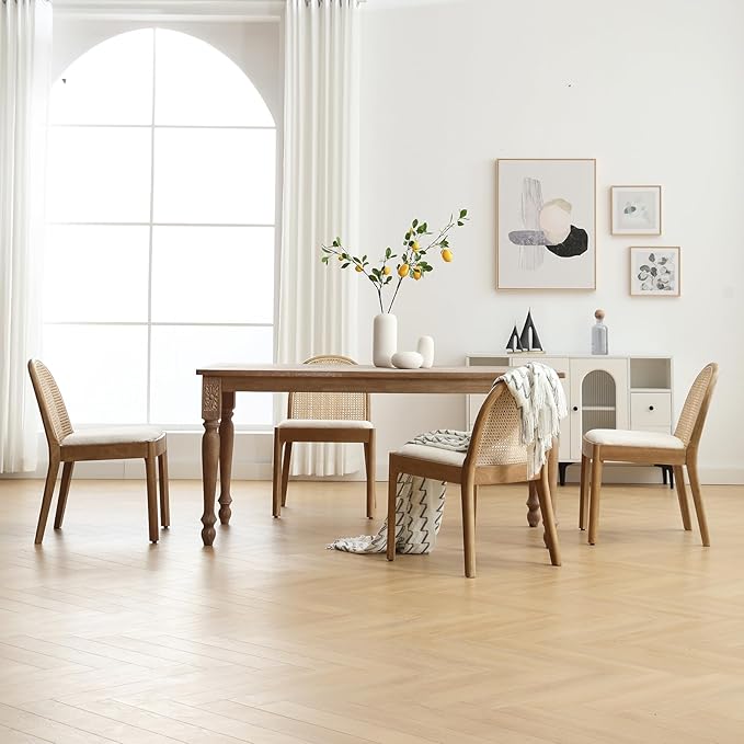 DUOMAY Mid-Century Modern Rattan Dining Chairs Set of 8, Wooden Dining Room Chair with Cane Backrest and Padded Seat, Sherpa Upholstered Dining Chair, Natural Finish, White