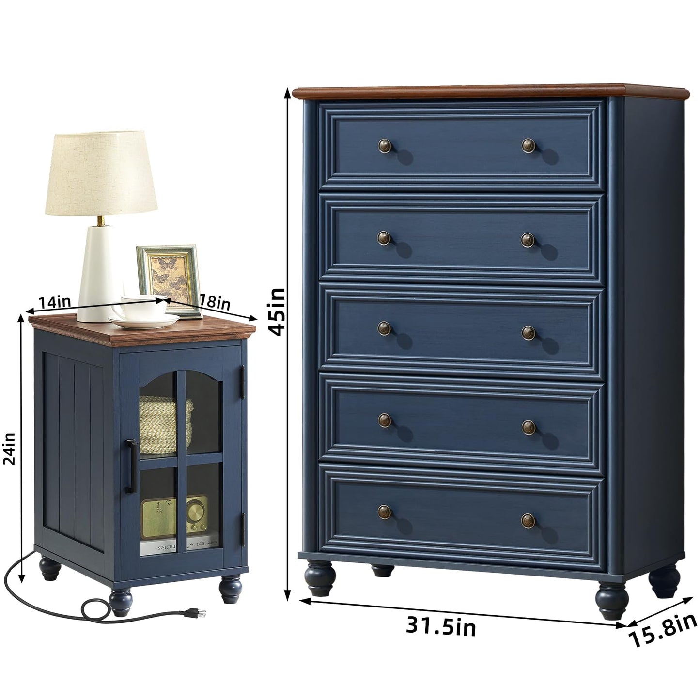 RWYHG Farmhouse Dressers and Nightstand Set of 3,Wood 31.5" Wide 5 Drawer Dresser 18'' Narrow Side Table with Charging Station,Roman Column Bedroom Furniture Dressers Sets for Home Living Room Hallway